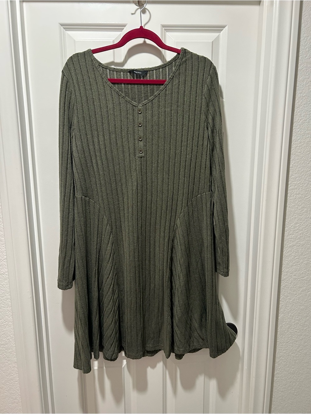 Ribbed V-Neck Long Sleeve Swing Dress in Olive Green